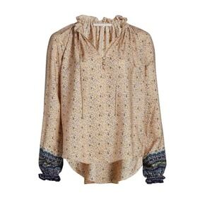 Veronica Beard Silk Blouse Bohemian Long Sleeve Tie Neck Top Boho Chic Antonette